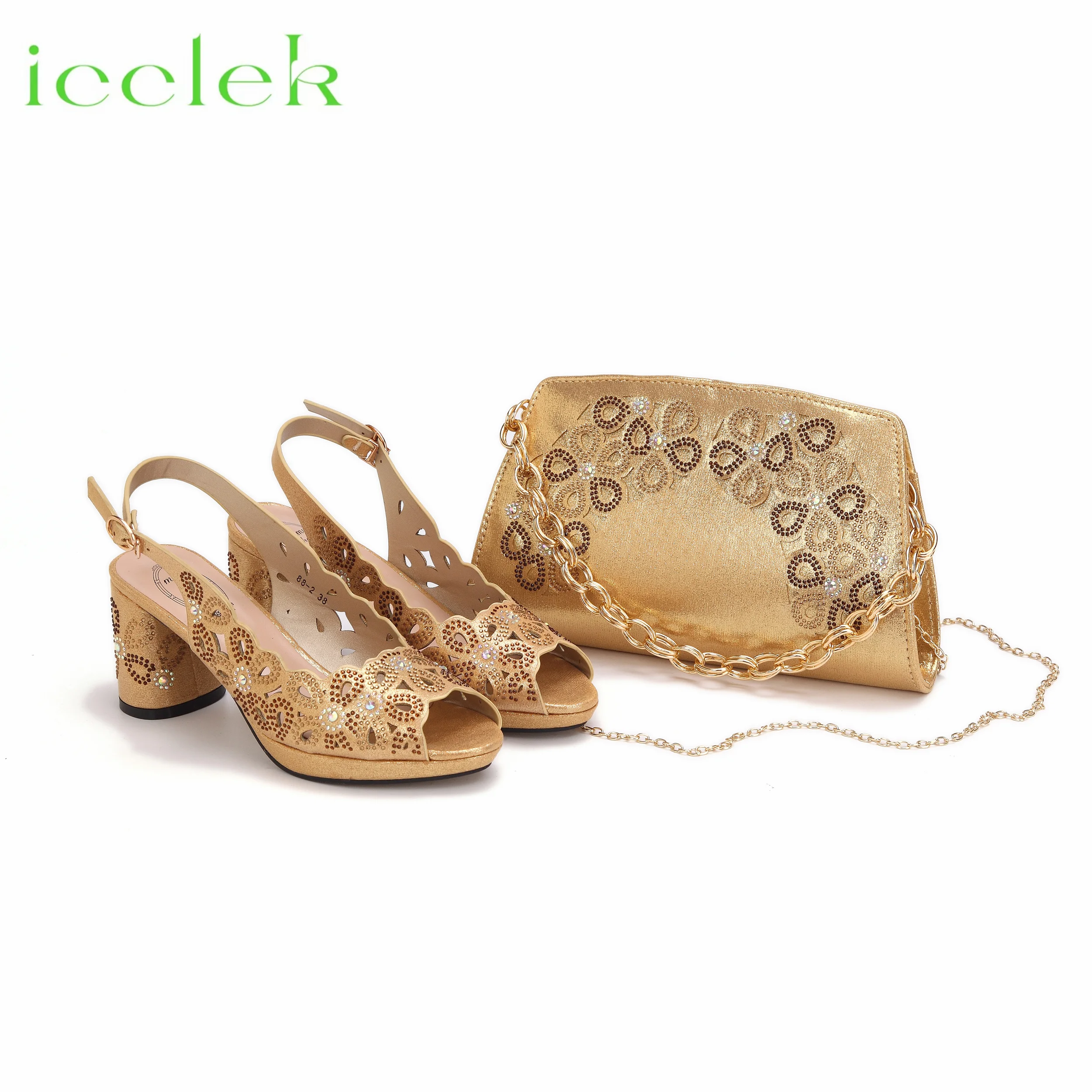 

Gold Color Crystal Decoration Style Round Heels Friends Party Shoes Nigerian Fashion Ladies Shoe And Bag For Wedding Party