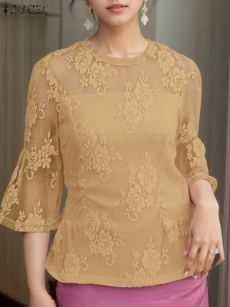 ZANZEA Vintage Lace Blouse Women Casual Loose Tops 2025 Seethrough Shirts Summer Beach Tops V-neck 3/4 Flare Sleeve Blusas