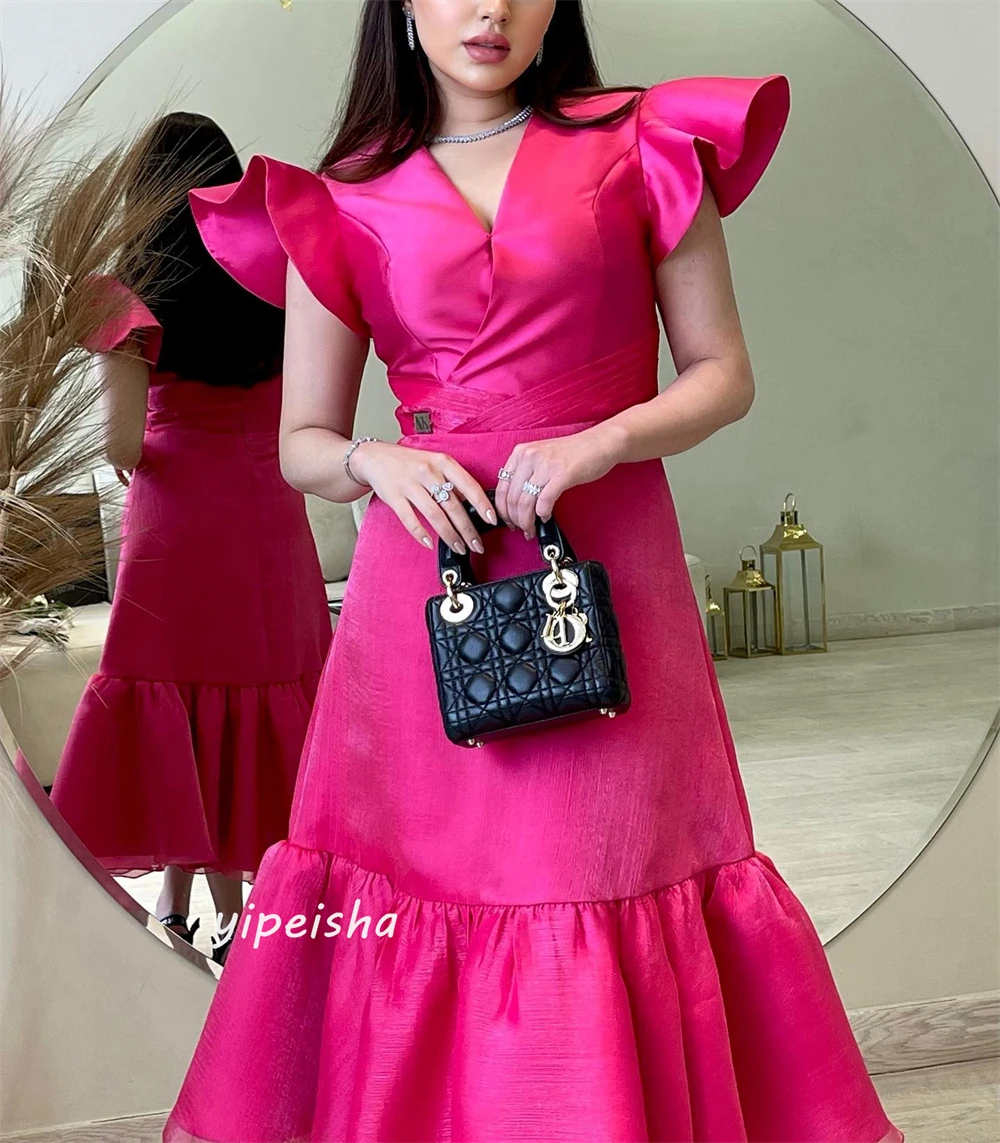 Gaun Prom Arab Saudi Organza terbungkus ruffle pertunangan A-line V-Neck Bespoke gaun acara gaun Midi