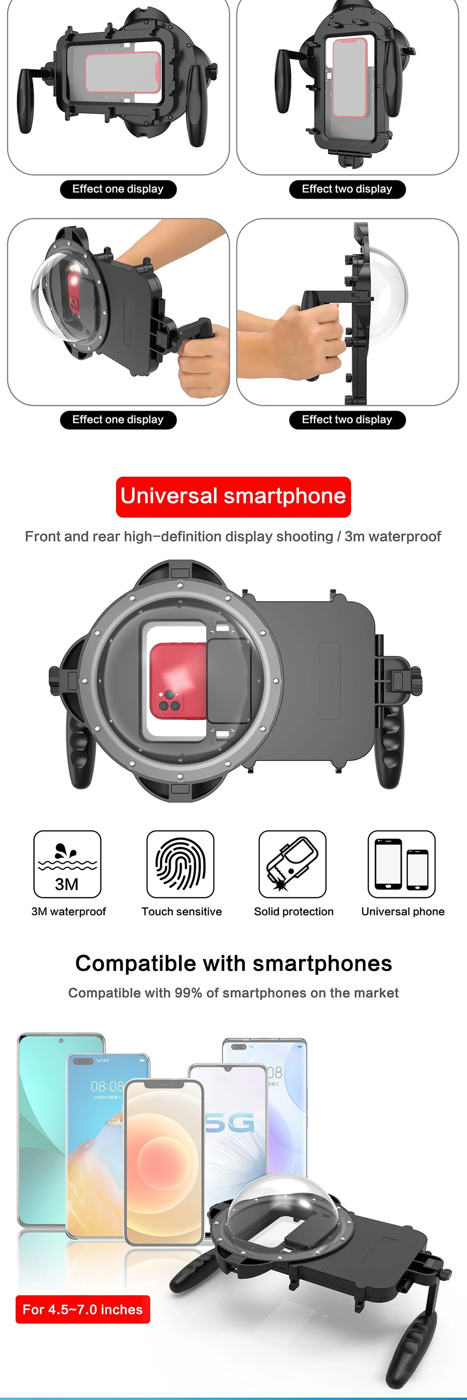 1/2-1/2 Zoll Universal Smartphone Tauch gehäuse Gehäuse Griff Griff HD Licht übertragungs filter für Kuppel Handy 3m wasserdicht – Detail 3