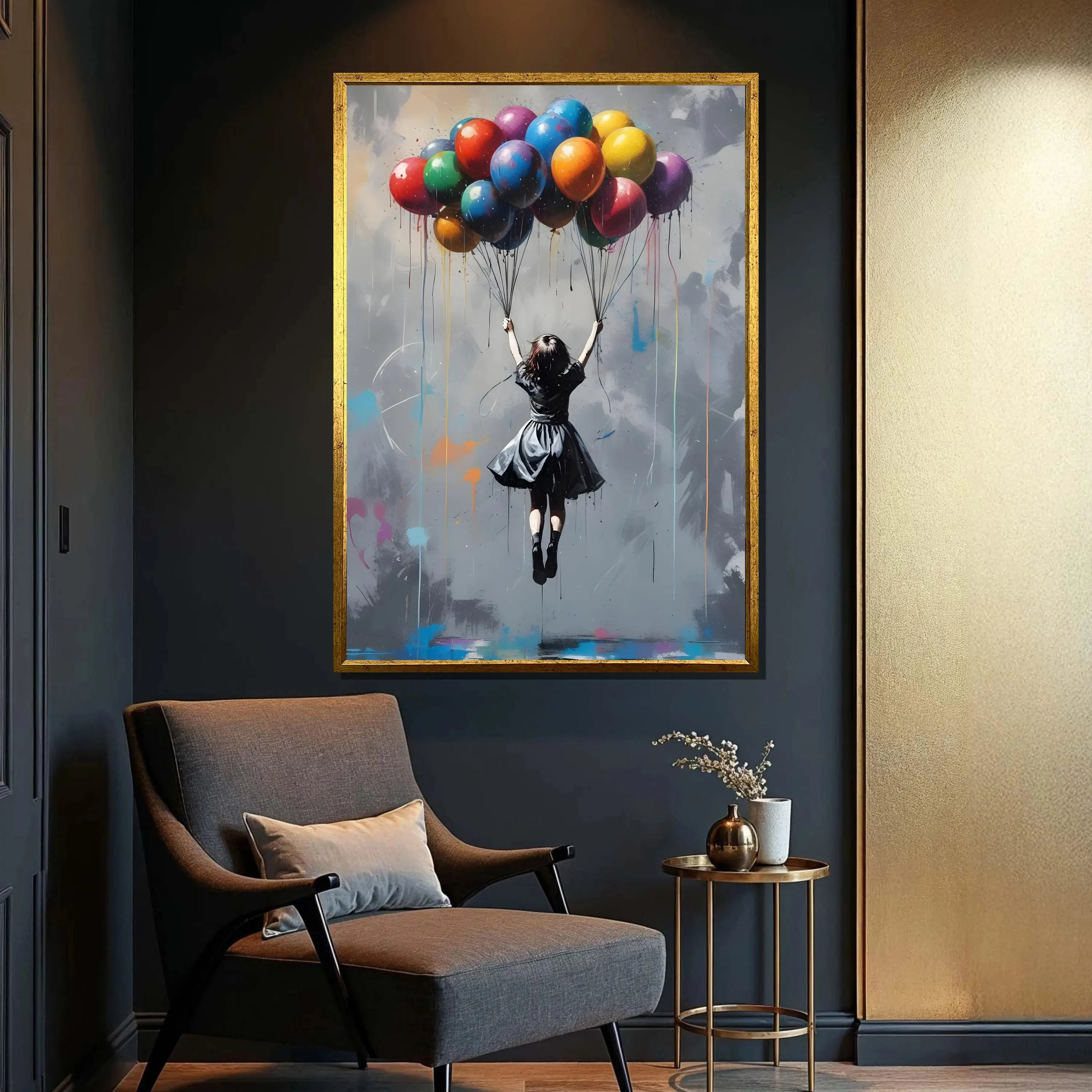 

Colorful balloon girl print. Uplifting street art. Modern wall art. Vibrant urban decor. Canvas print art poster. Home decor.