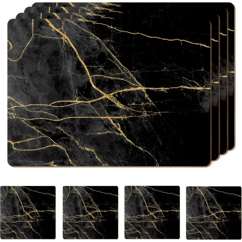 Set of 4 Heat Resistant Cork  Matching Drink Coasters Marble Design 16 x 12 Inches Cork Backed Hard Placemats (Black & Gold)