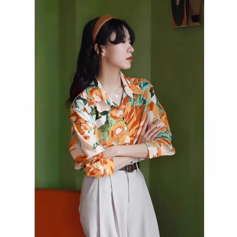 

Retro Hong Kong Sle Floral irt Women's Loose Long Sve Performance Top Tour up Building Trendy Button up Printed