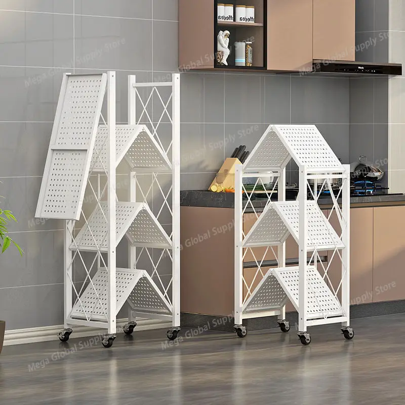 

Foldable Display Stand Shelves Organizer Wide Folding Metal Shelf with Caster Wheels Kitchen Garage Units Storage Rack Holder