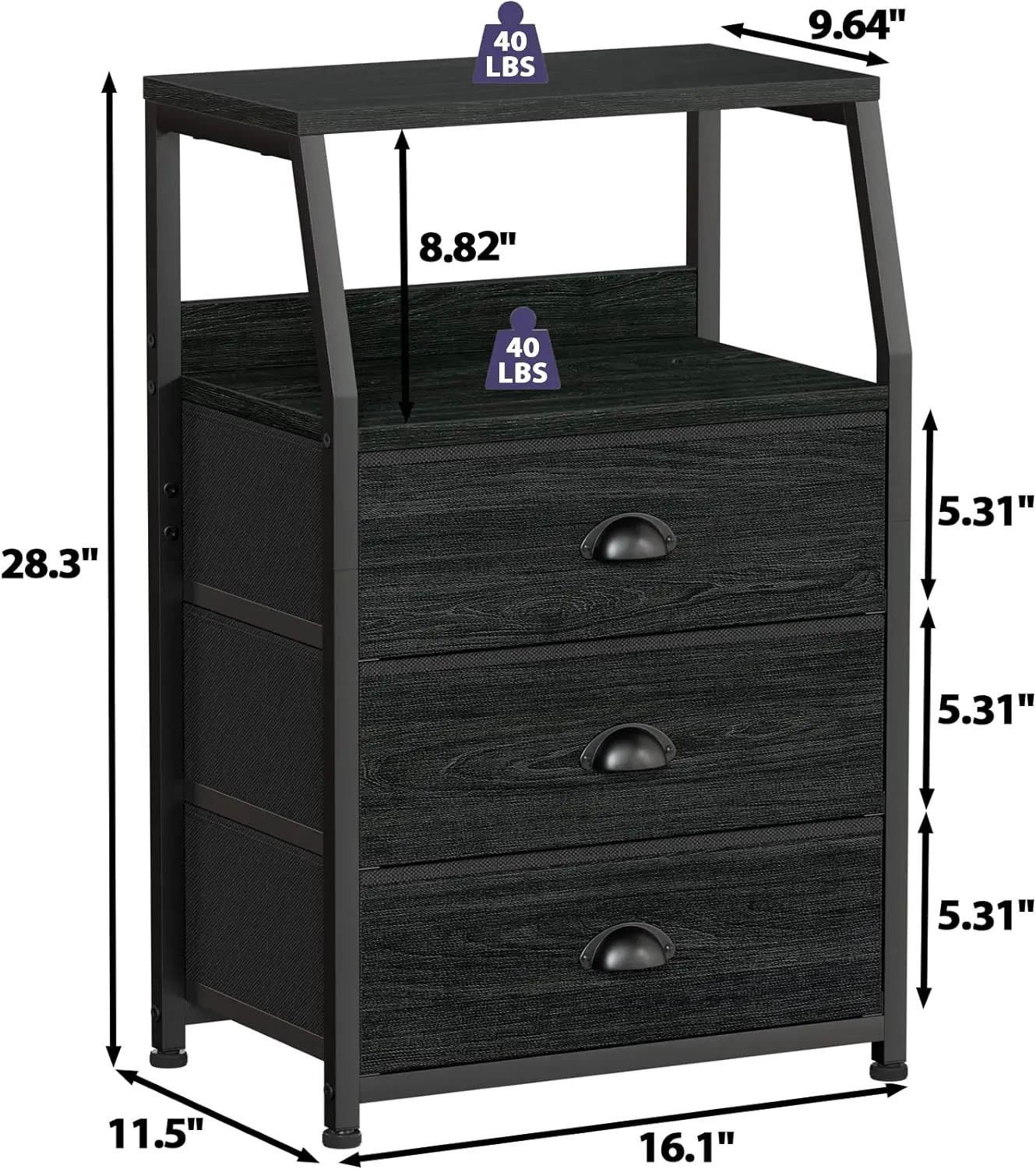  Black Dresser for Bedroom Small Nightstand with 3 Fabric Storage Drawers and 2-Tier Shelf End Table Side Furniture