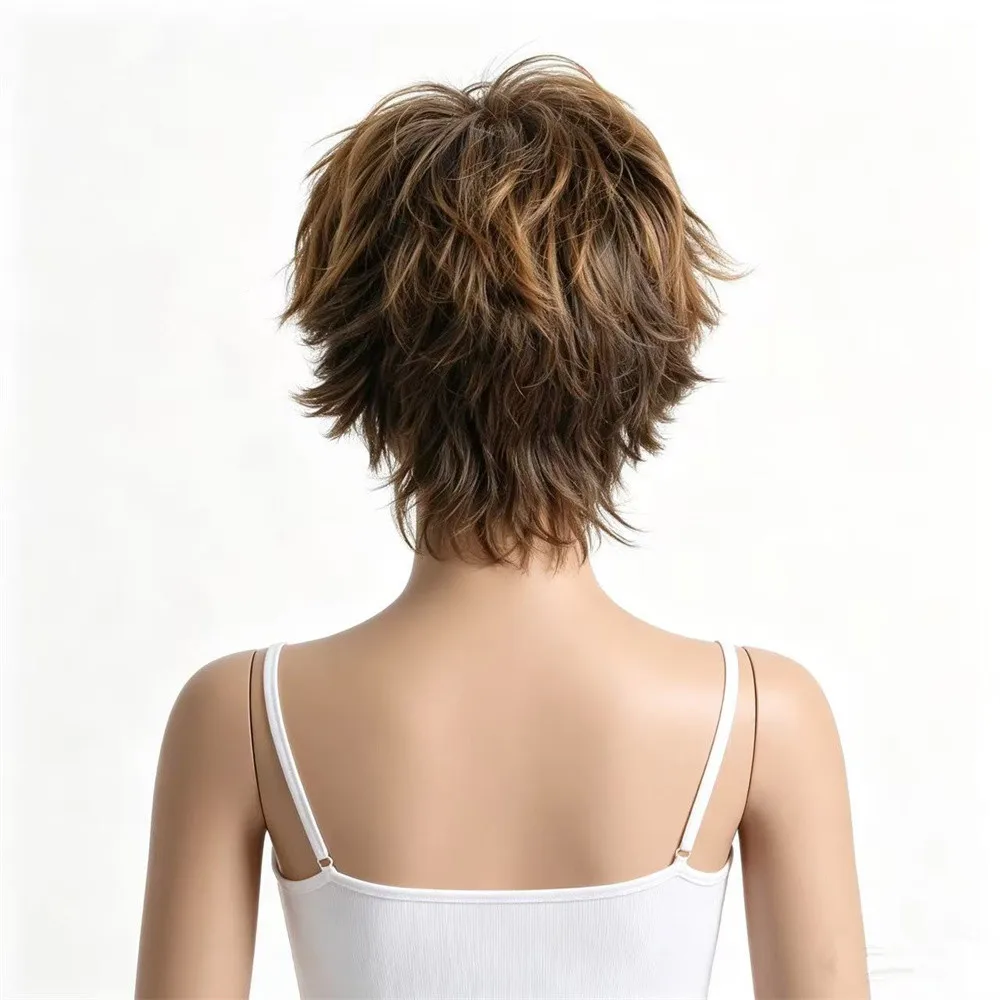 Short Layered Pixie Cut Wig for Women Brown Highlight Synthetic Hair Wig With Bangs Heat Resistant  Daily Short Hair Wigs