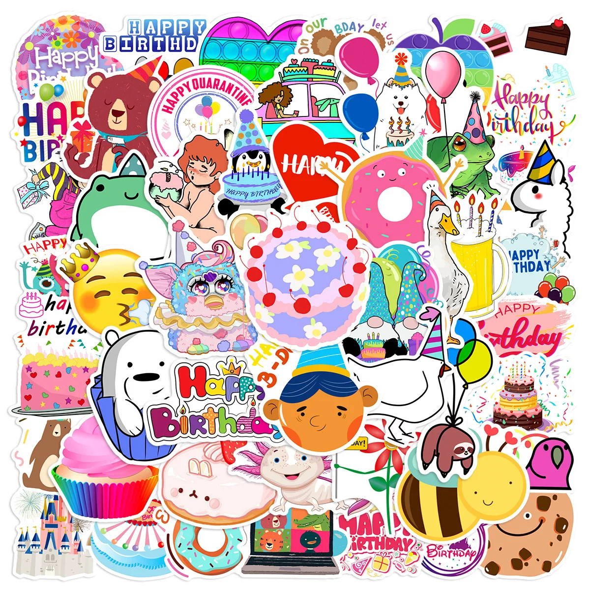 50 Stück Cartoon-Geburtstagstorten-Aufkleber, lustige Party-Designs zum Verpacken von Einladungen, Karten, DIY-Dekoration, kreative Aufkleber