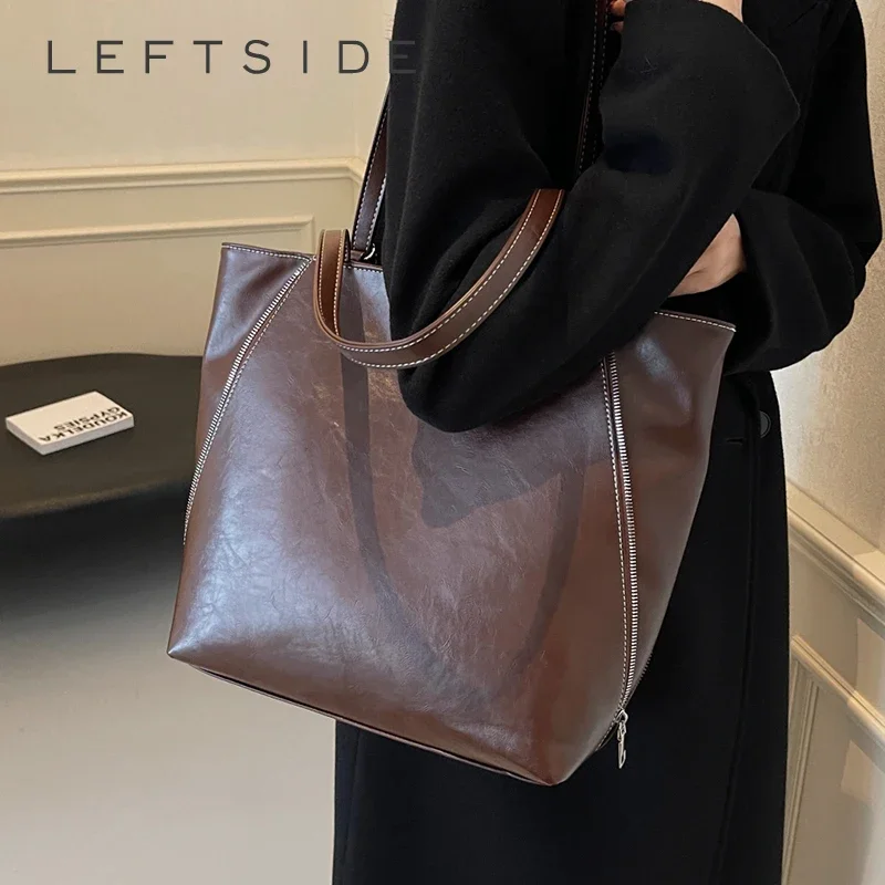 LEFTSIDE Large PU Leather Tote Bags Shopper Shopping Shoulder Bag for Women 2024 Winter Y2K Fashion Trend Solid Color Handbags