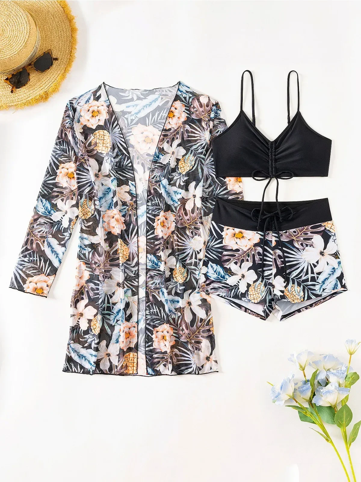 Traje de baño de tres piezas con estampado de flores para mujer, traje de baño de malla de manga larga con protección solar, conjunto de Bikini de cintura alta con cordones, novedad de 2024