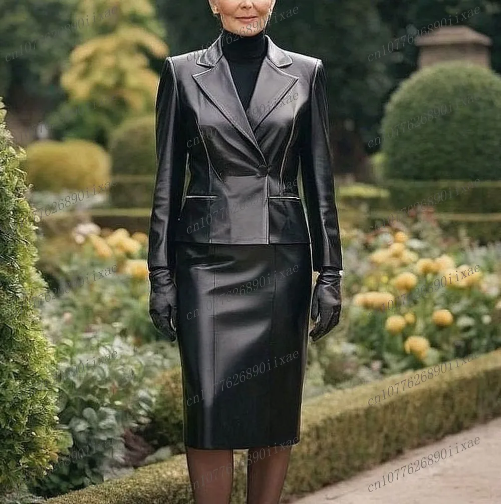 

Black Leather Women Suits Lady Prom Formal Business Tuxedos Mother Wedding Party Ladies 2 Piece Set Jacket Pants