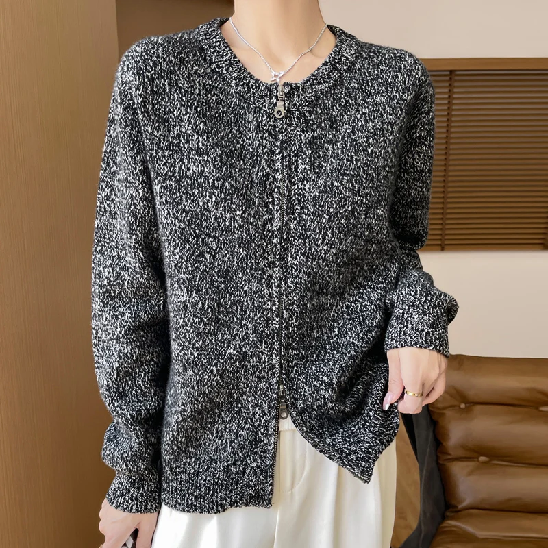 Autumn and winter new 100% pure wool cardigan female O-neck Korean temperament zipper sweater padded wool knitted coat.