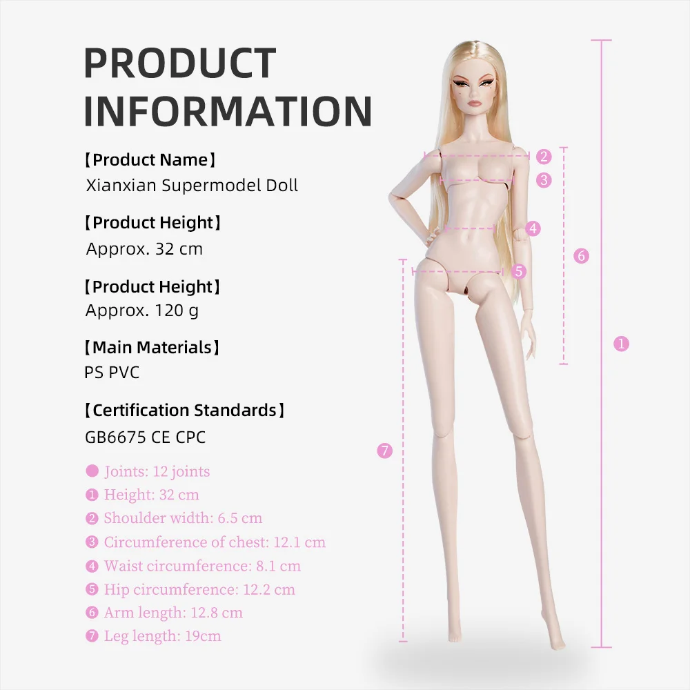 New Face Xianxian / 32cm Supermodel doll with White Skin Golden Brown Hair / 12 Joint Movable Body + Head / 1/6 doll view 2
