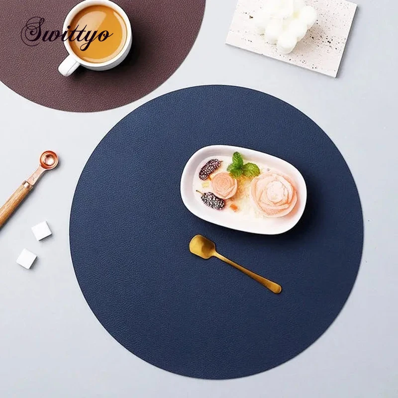 4pcs/lot Navy Faux Leather Round Placemats Cup Coasters Double Side Coffee Mugs Mats Waterproof Charger Dining Table Decor 32cm