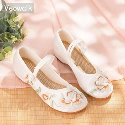 Veowalk Women Satin Cotton Embroidered Ballet Flats Retro Ladies Casual Comfortable Walking Ballerinas Mary Jane Shoes White Red