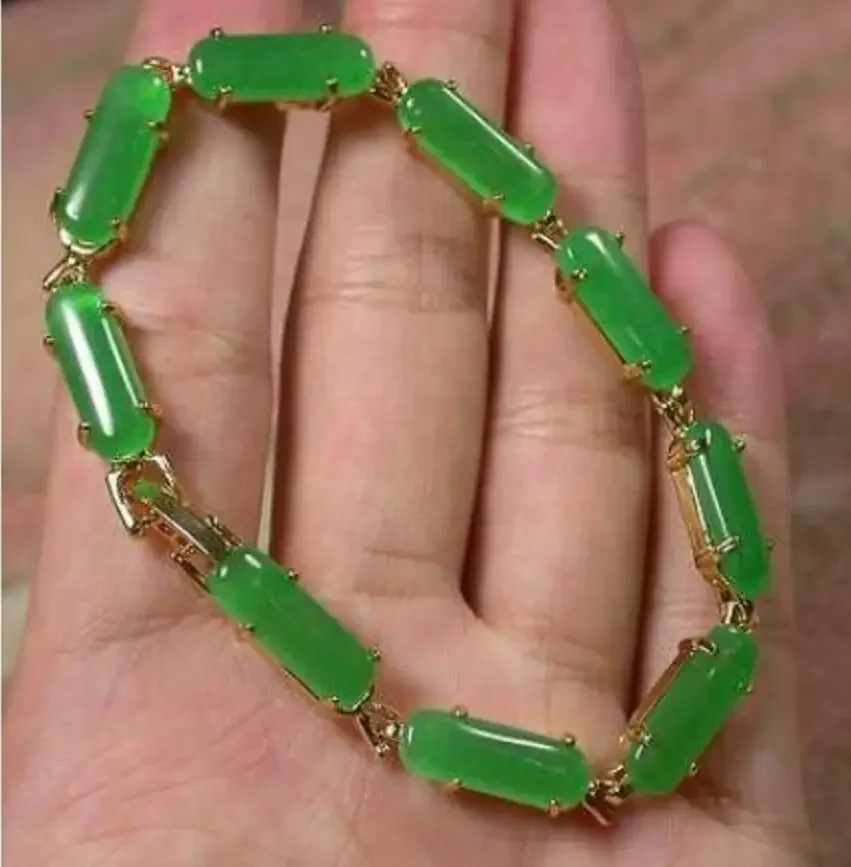 new hot Gold Plate CHINESE Icy Green JADE Saddle Rectangle Bangle Bracelet