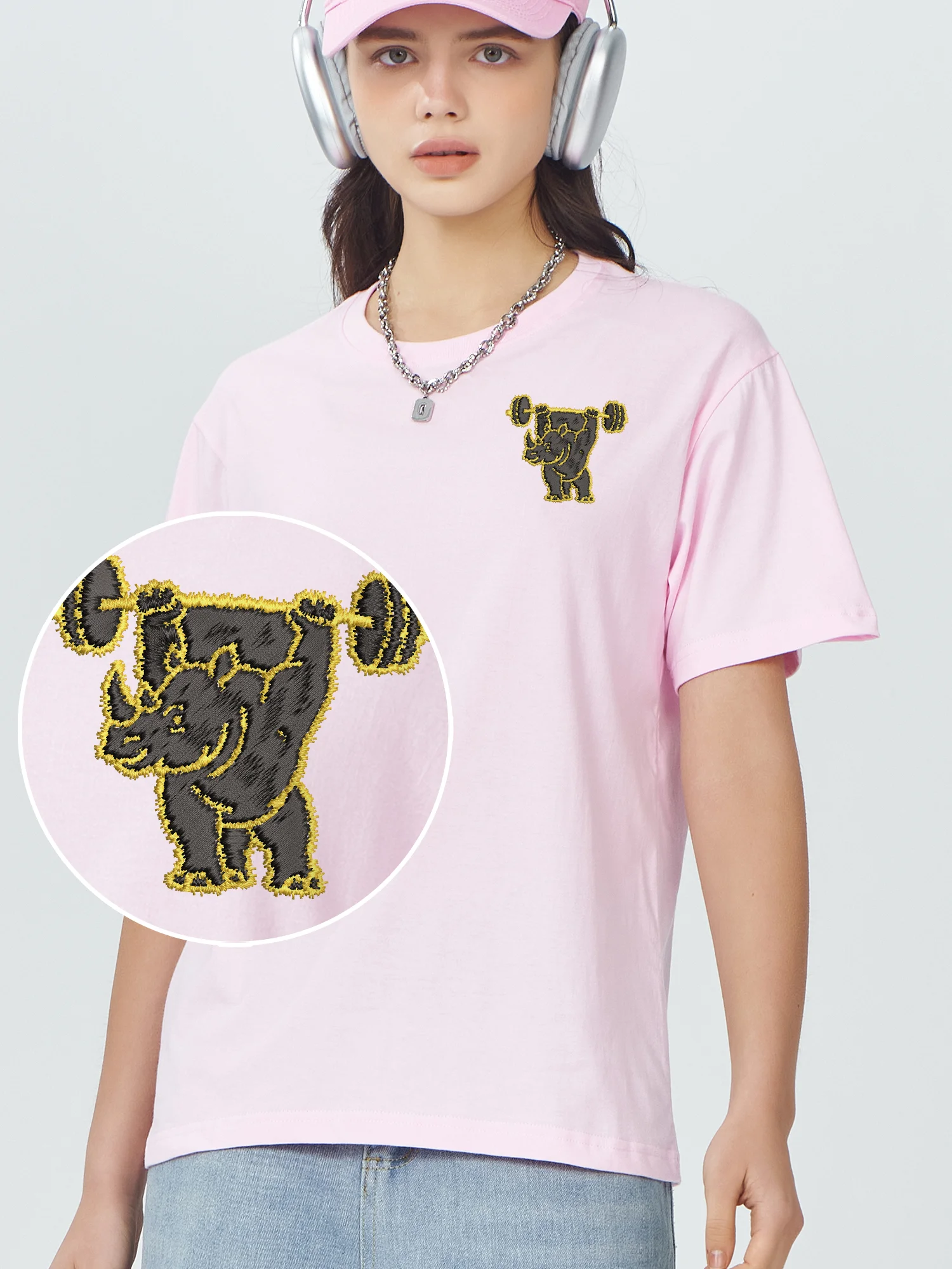 Raise Dumbbell Rhinoceros Embroidered Design Short Sleeve Fashion T Shirt Men Comfortable Embroidery Tops Fitness Lover Gift