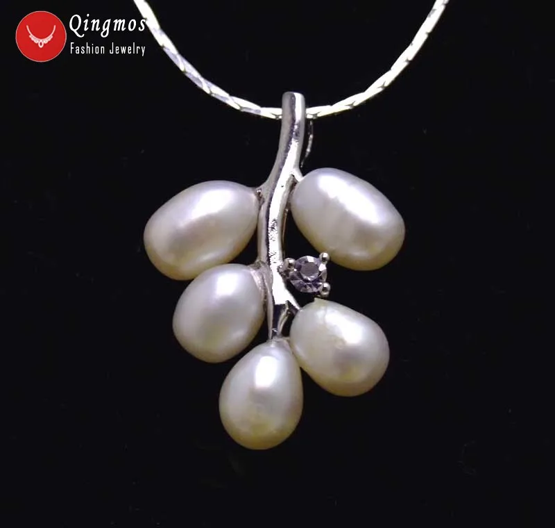 Qingmos 18*25mm Grape White Pearl Pendant Necklace for Women with Natural 6mm Rice Pearl Necklace 17