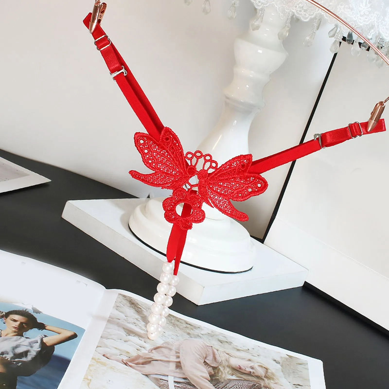 Dámské kalhotky s vyšívaným dutým motýlem, sexy, s nízkým pasem, šněrovací spodní prádlo, otevřený střih, perlové masážní tanga - náhled 3