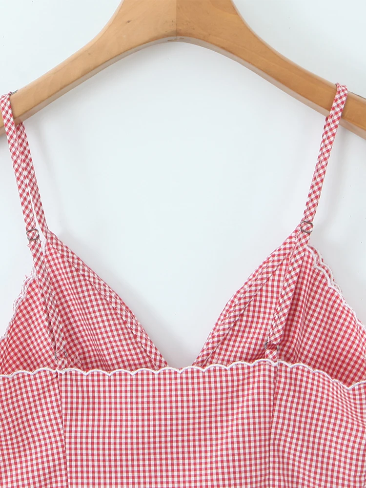 قميص قصير منقوش باللون الأحمر الحلو للسيدات من Chu Sau Beauty 2025 أنيق بدون أكمام قطع علوية مقصوصة فرنسية على شكل حرف v مثيرة ضيقة بدون ظهر كاميس #4