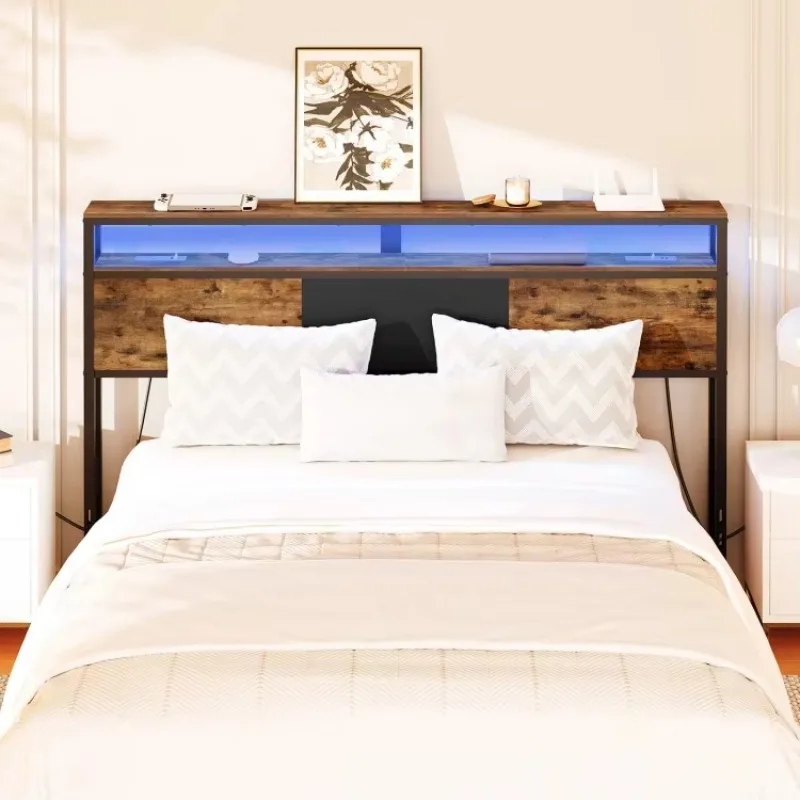 

#c Industrial Wood and Metal Head Board With Storage & Power Outlets and USB Ports