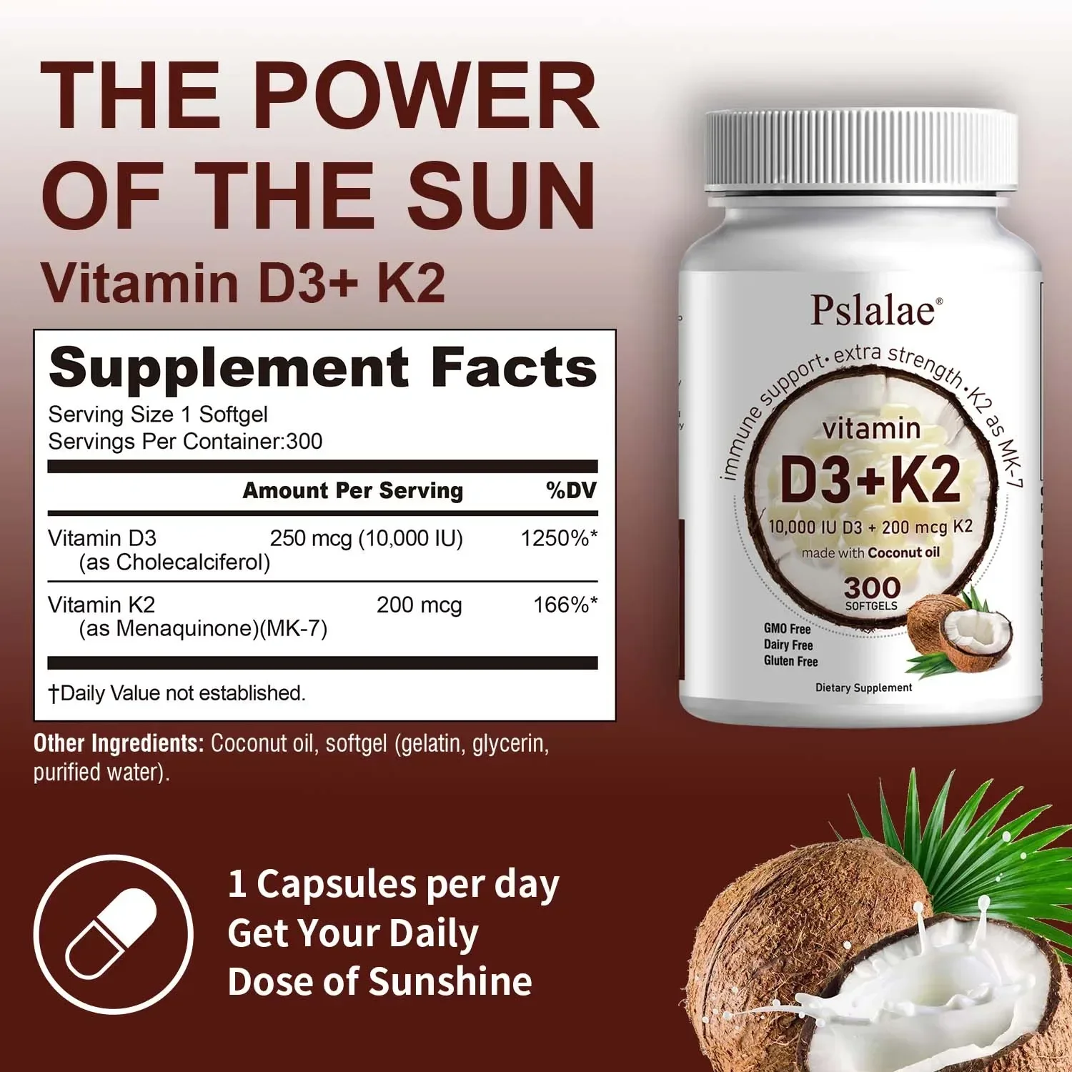 2-in-1 Vitamin D3 K2 Supplement Softgel, 10000 IU VIT D3 + 200 MCG Vitamin K2, Aiding in Calcium Absorption, (300 Pcs)