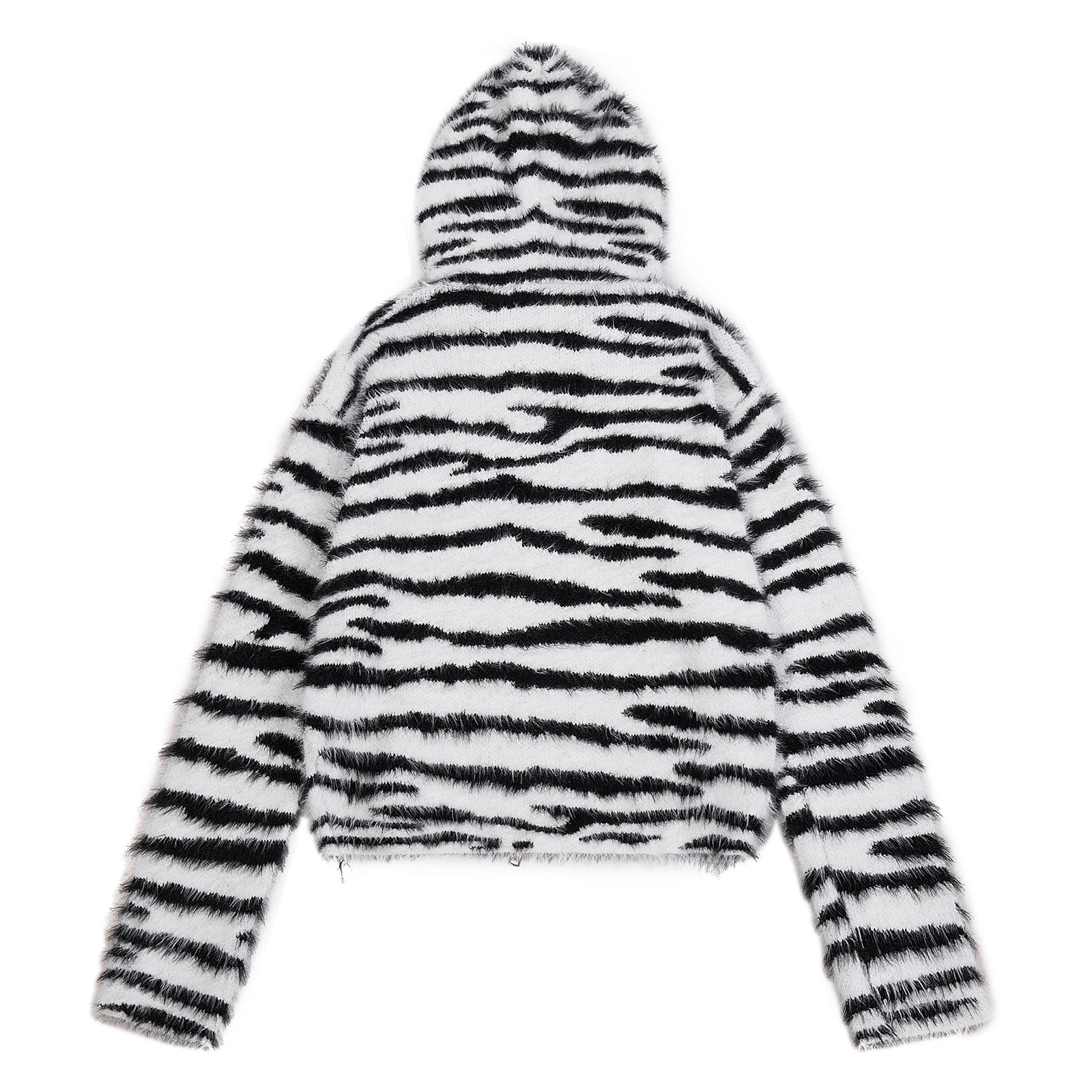 Zebra Print Black White Striped Zip Up Jacket Men's Sherpa Faux Fur Coat Hooded Fleece Full Zipper Cardigan Cropped Streetwear