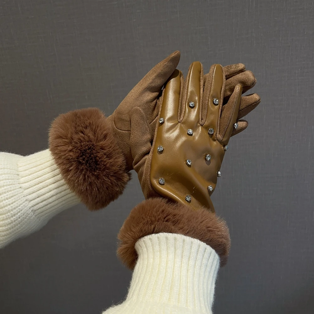 تقليد أرنب الشعر حجر الراين قفازات نسائية الشتاء المرقعة بولي قفازات ساخنة أنيقة سميكة يندبروف guantes الفقرة motos