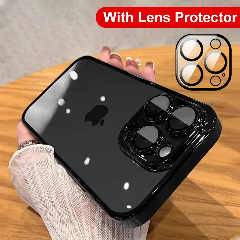 Luxury Plating Clear Case For iPhone 15 13 12 11 14 Pro Max Mini X XR XS 7 8 14 15 Plus SE Cover With Lens Protector Accessories