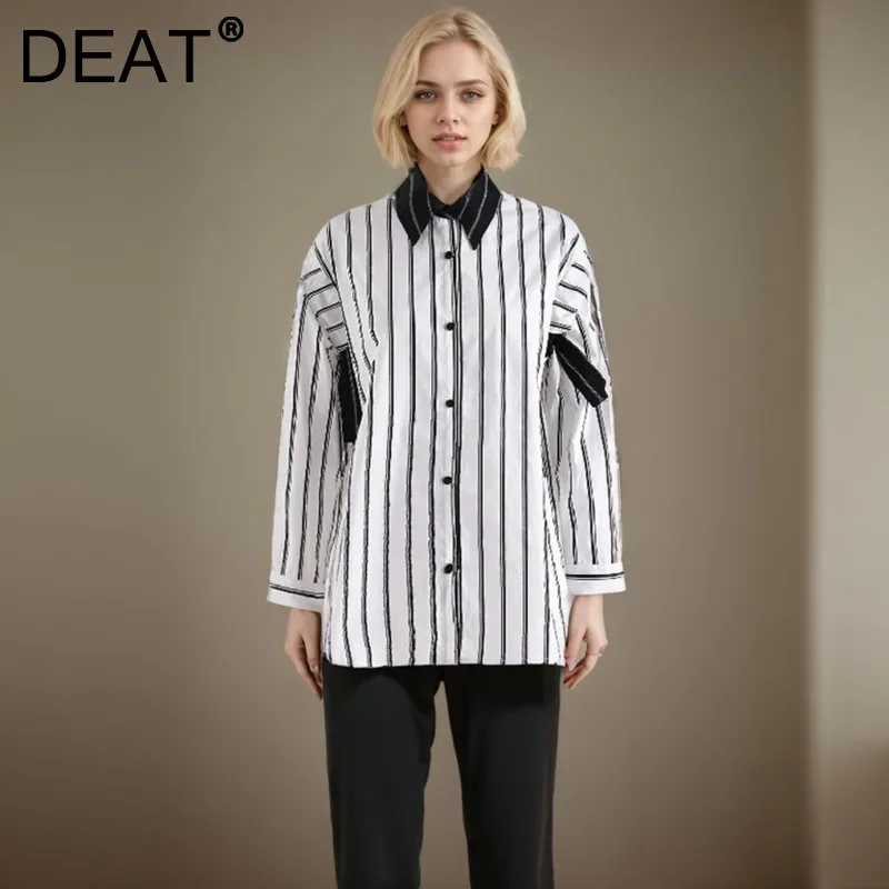 DEAT Fashion Stripe Shirt Women's Lapel Single Breasted Long Sleeve Contrast Color Drawstring Loose Blouse New Tide CPDB024