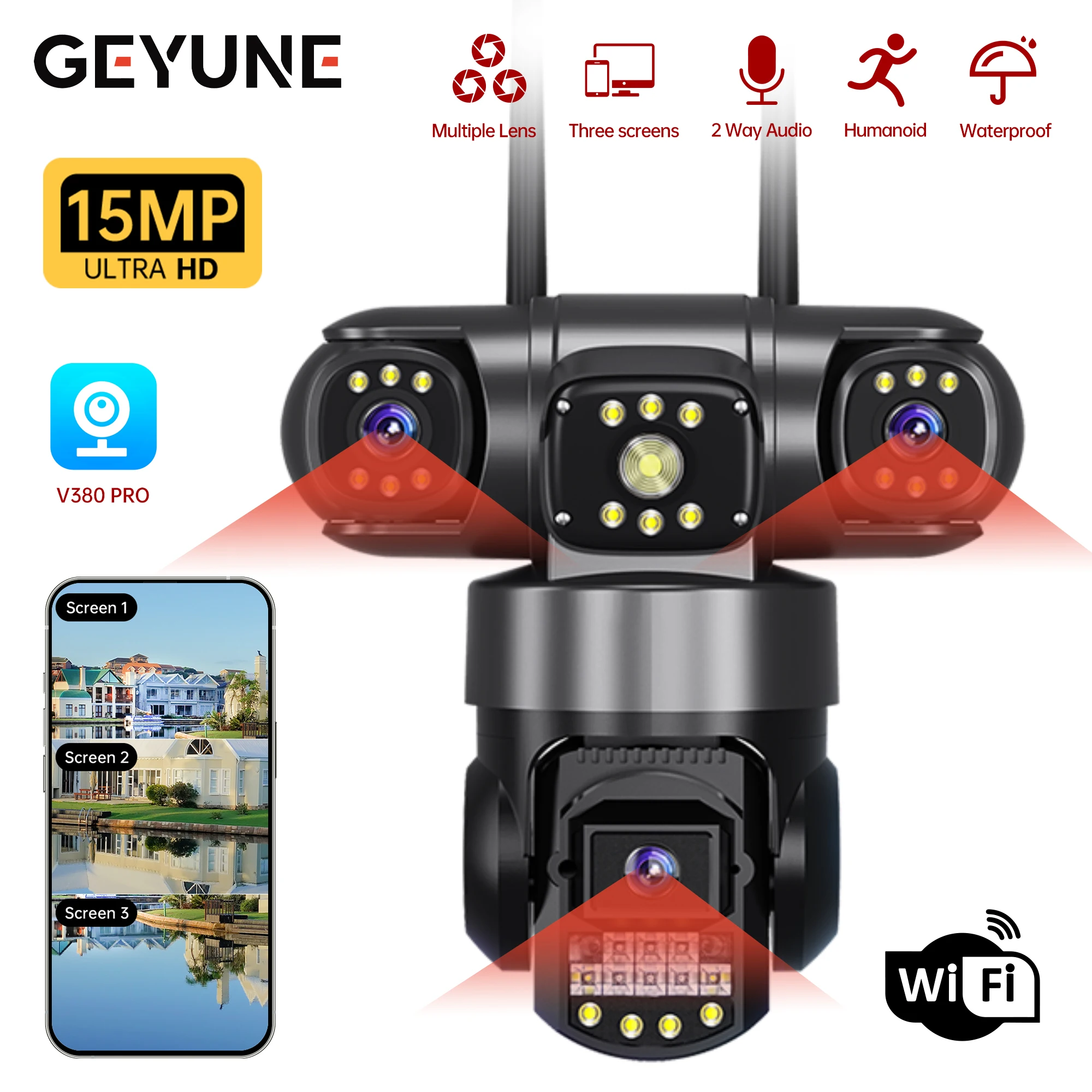 

15MP Wireless Camera PTZ Outdoor Three Lens Three Screens WIFI Cameras 10X Zoom AI Human Detection Security IP Cam Surveillance