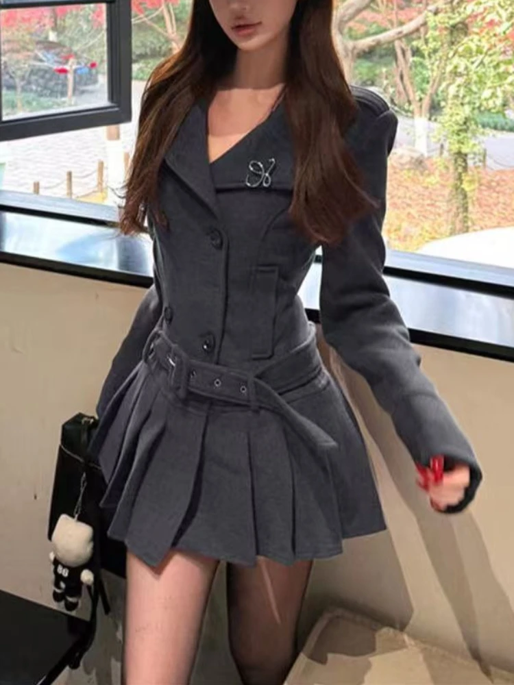 2026 Women's France Fashion Vintage Grey Slim Woolen Dress Hot Girl Hepburn Design Elegant Spring Warm Bouffant Dresses Female