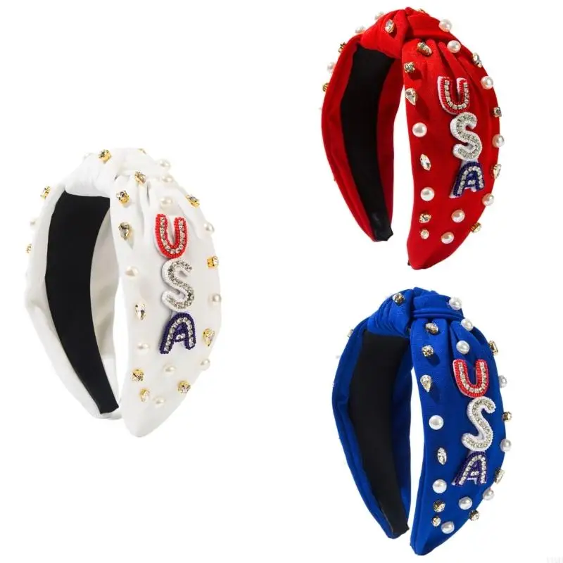 

Rhinestones Lettering Studded Hairband Comfortable Wide Knotted Hairhoop For Female Independence Day Celebration Wear