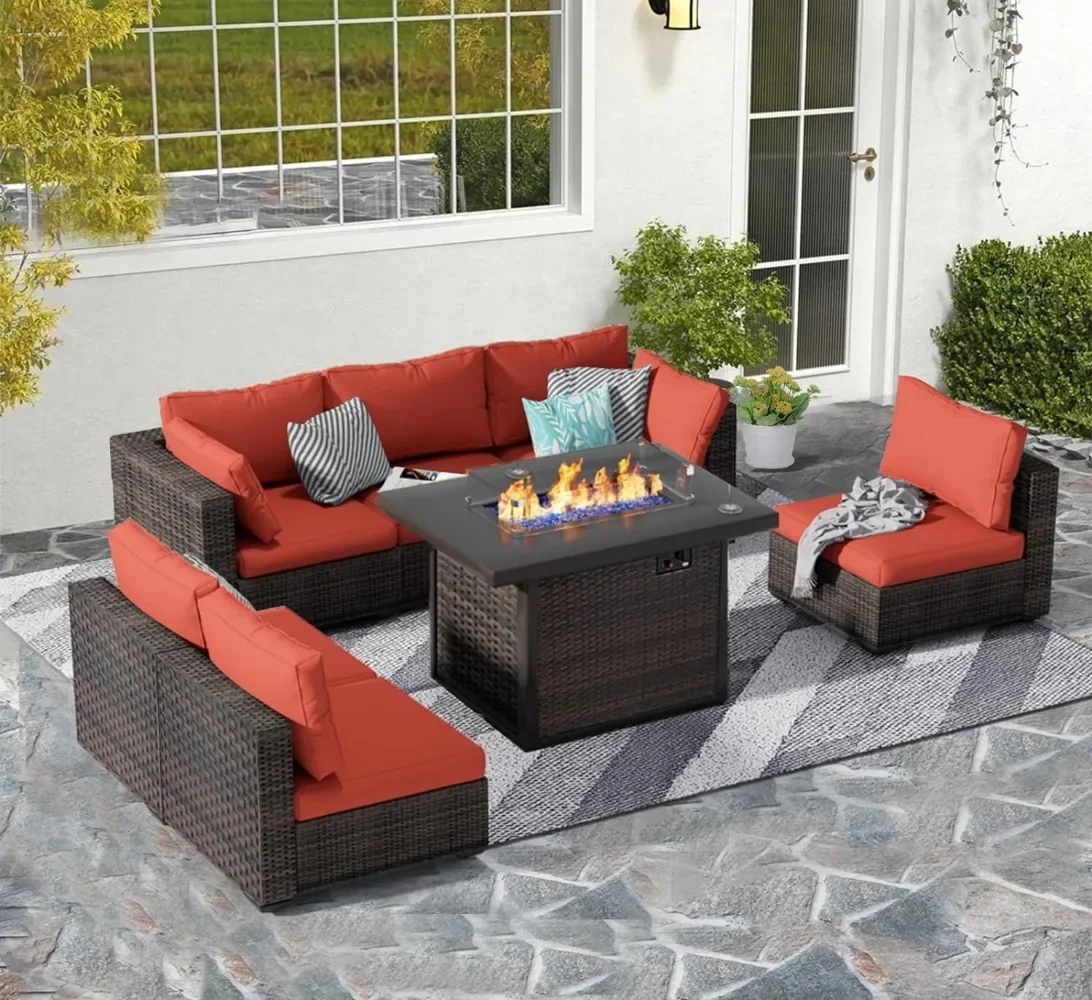 

7 Piece Patio Furniture Set with Fire Pit Table All Weather Outdoor Sectional PE Rattan Patio Conversation Sets with Cushions