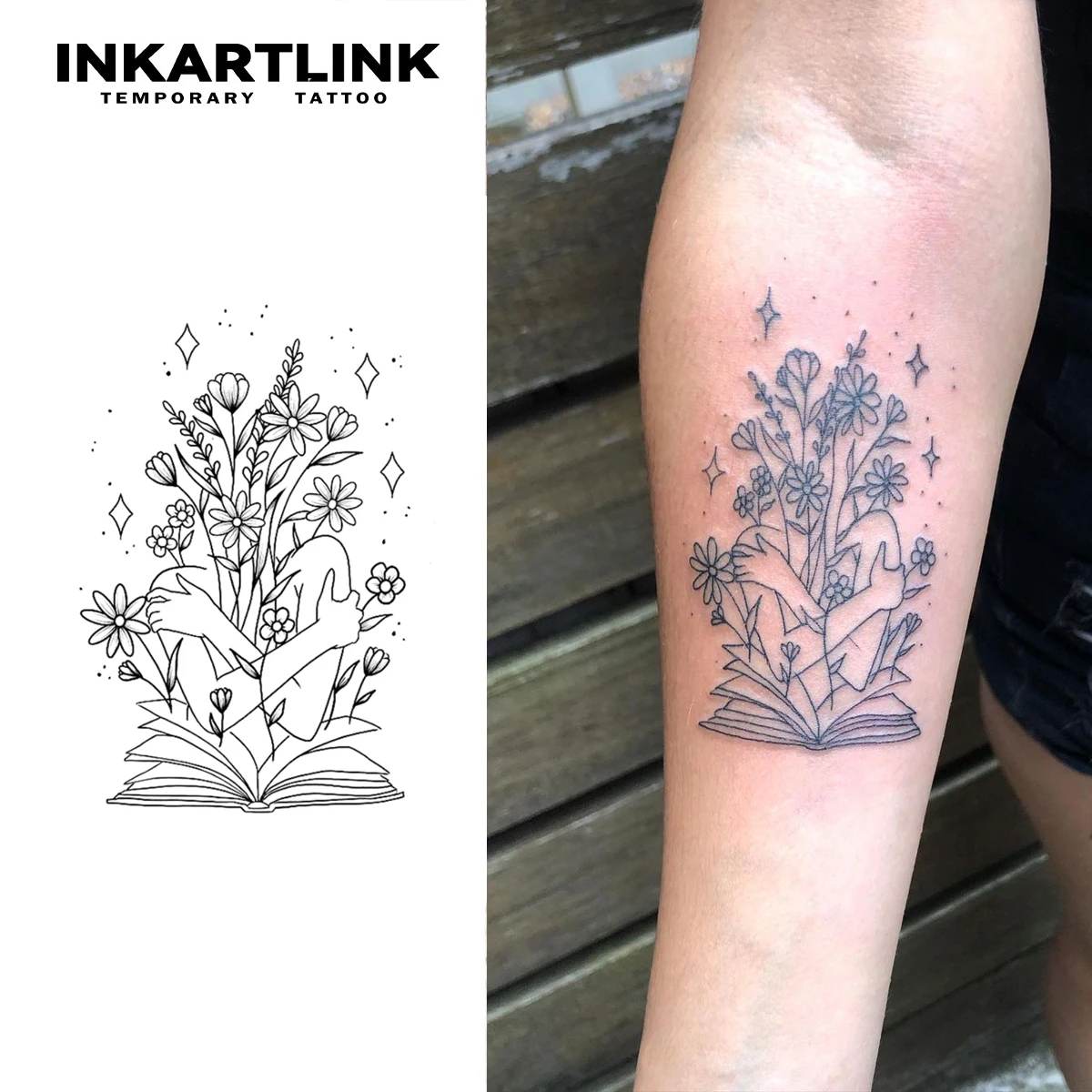 INKARTLINK Botanical Book Heart Waterproof Temp Tattoo Sticker for Beach Holidays, Book Clubs, Music Fests & Women Gift.