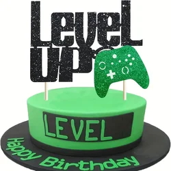 1pc Level Up Cake Topper Black And Green Glittery Video Game Party Cake Decor Video Game Controller