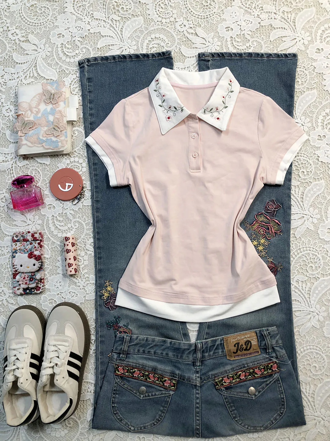 Original Sweet Style Short Sleeve Embroidered T-Shirt for Girls Flip Collar Slimming Top Summer Breathable Cotton Blend