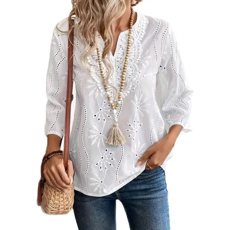 Women's Loose V-Neck Lace Embroidery Hollow Out Blouse, Casual Elegant Long Sleeve Shirt Tops Women
