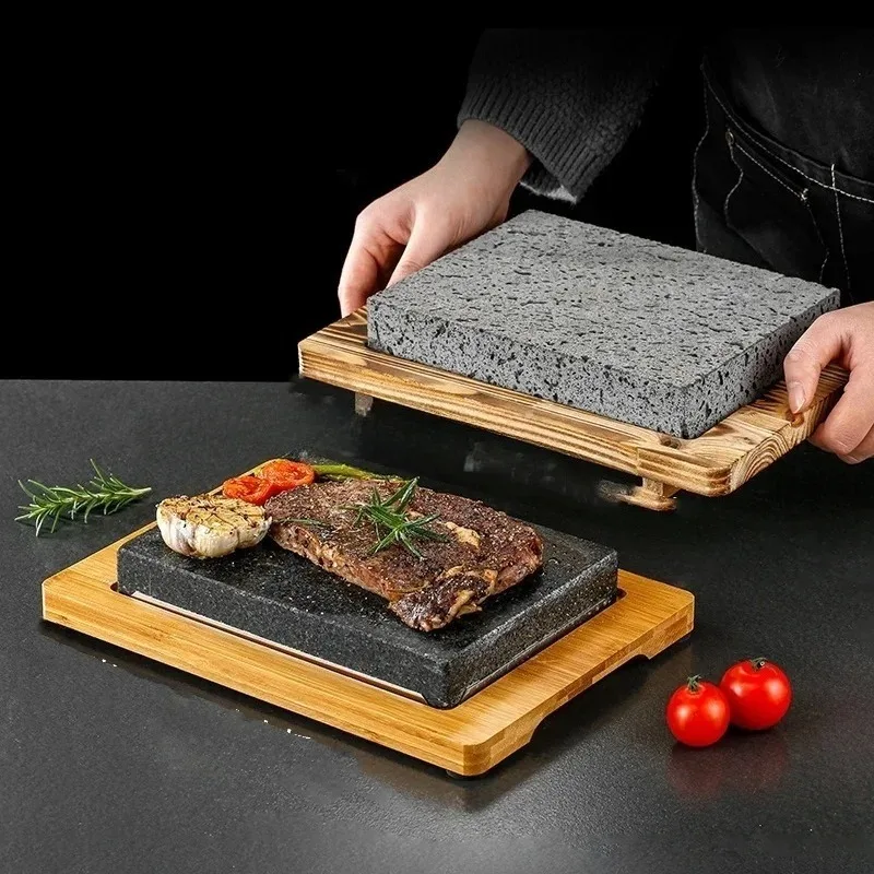 

High temperature resistant volcanic rock natural stone steak tray grill plate granite slab board frying plate rock stone slab