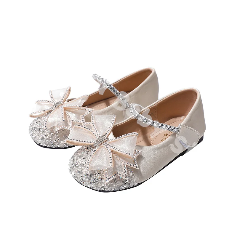 Girls\' Princess Shoes Spring and Autumn 2023 New Children\'s Crystal Shoes Water Diamond Bow Soft Sole Girls\' Leather Shoes