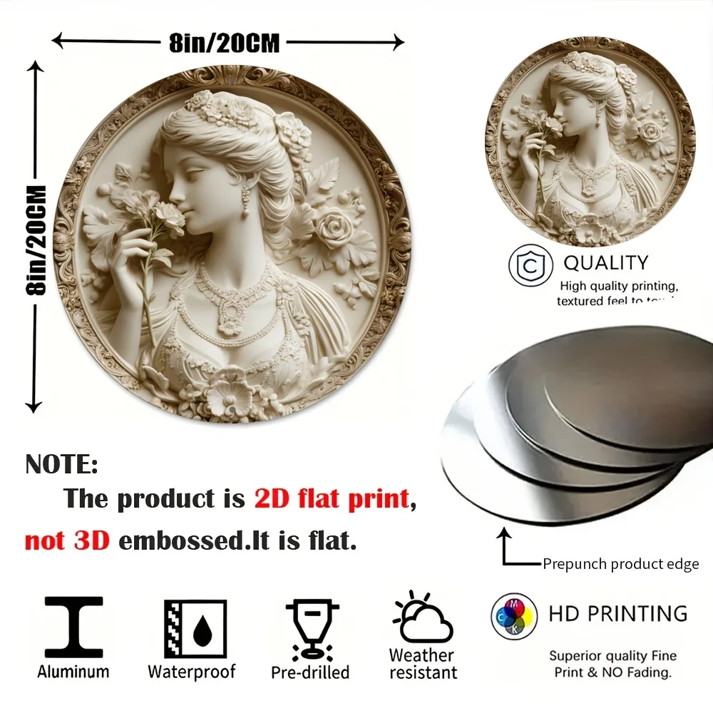 2D Flat, 1pc, Round Aluminum Decorative Sign (8x8 Inches / 20x20cm), Vintage Young Woman Portrait (10) Theme, Suitable for Home