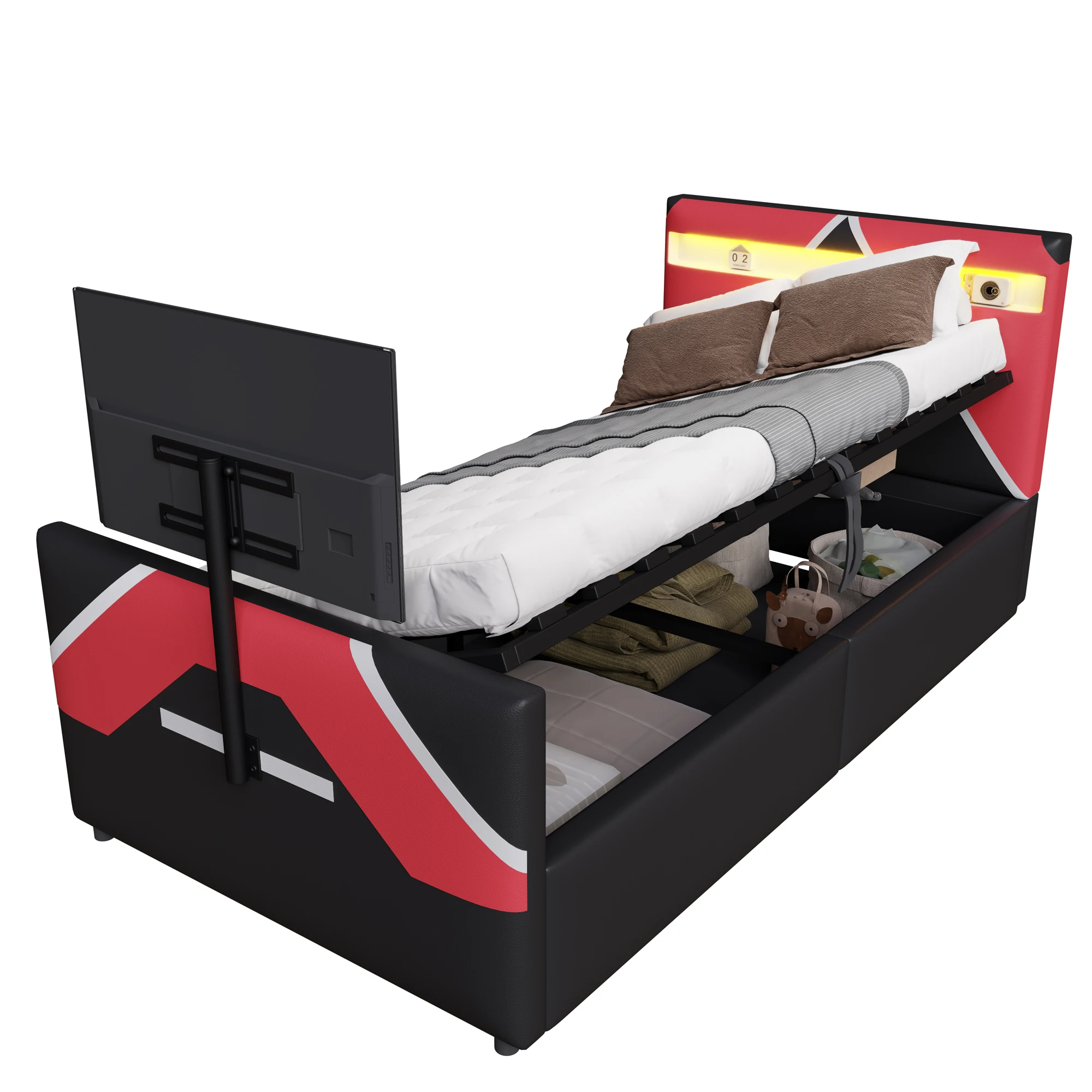 Boxspringbed 90x200 cm - gestoffeerd met geïntegreerde tv-houder en led-verlichting, zonder matras - zwart rode PU bekleding - afbeelding 2