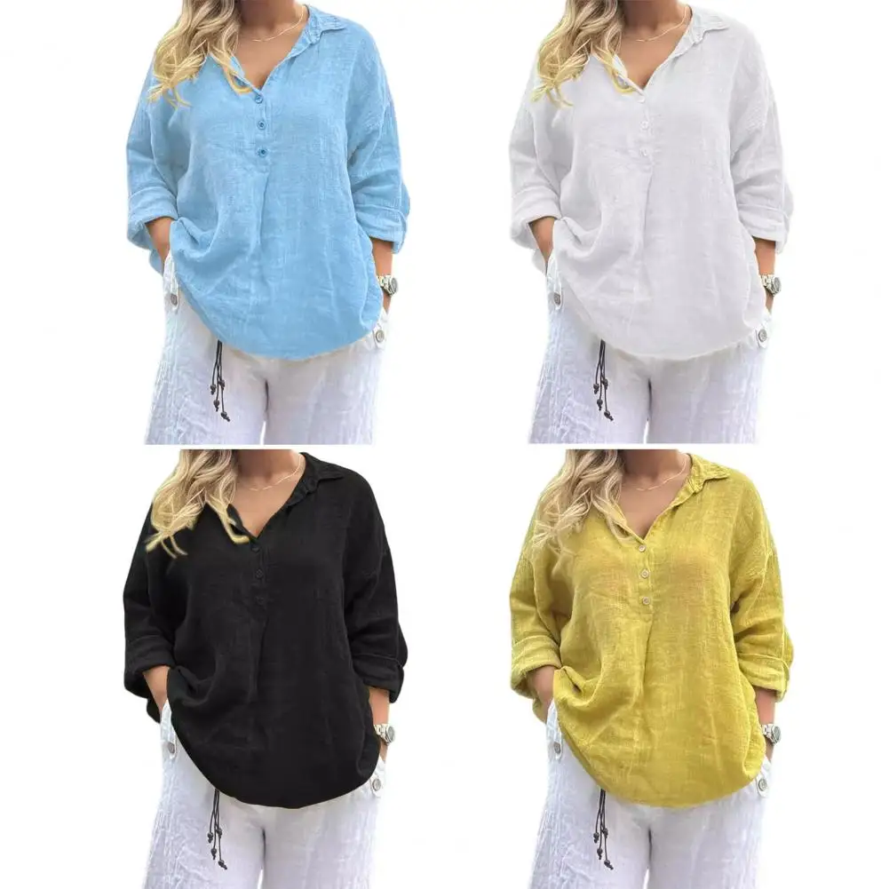 

Women's Cotton Linen Shirt Solid Color V-neck Pocket Temperament Commuter Women's Long-sleeved Top Loose Fit Work Leisure Shirt