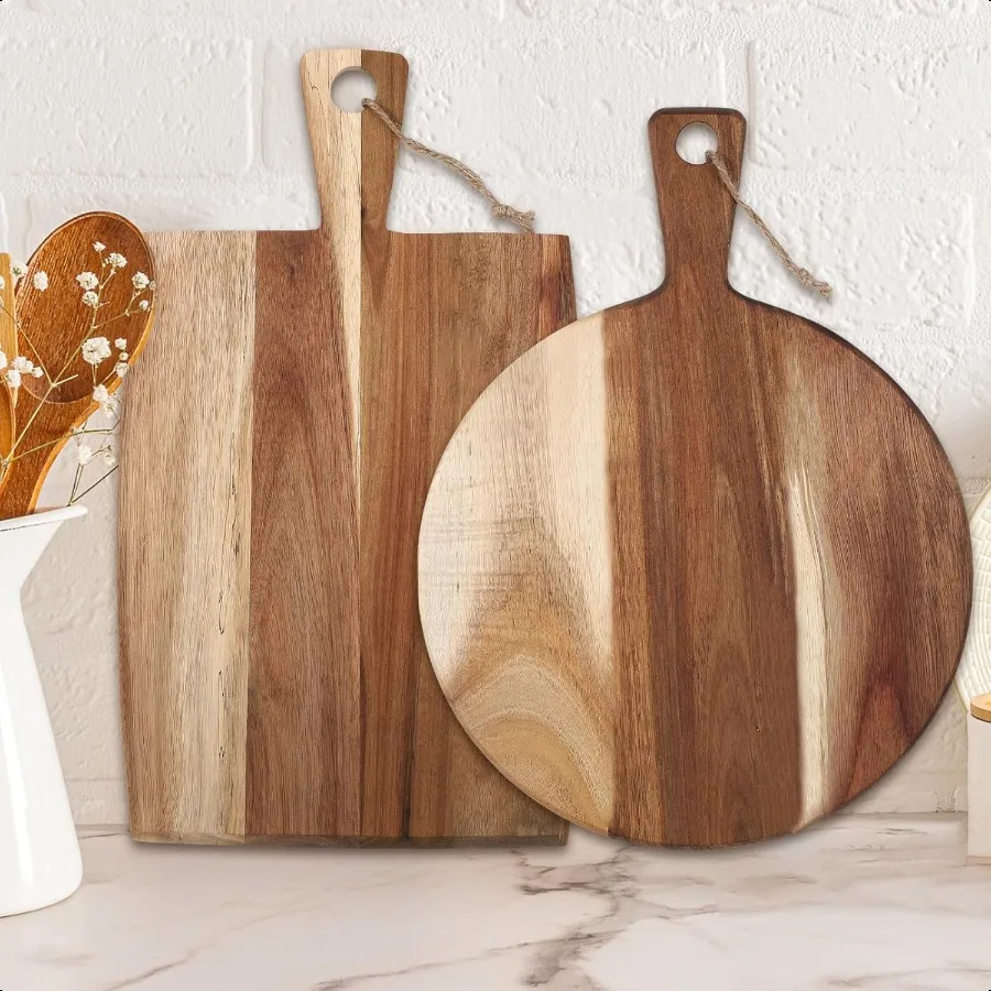 

2 Pcs Acacia Wood Cutting Board with Handle Wooden Charcuterie Board Large Paddle Carving Chopping Set Butter Serving Tray for