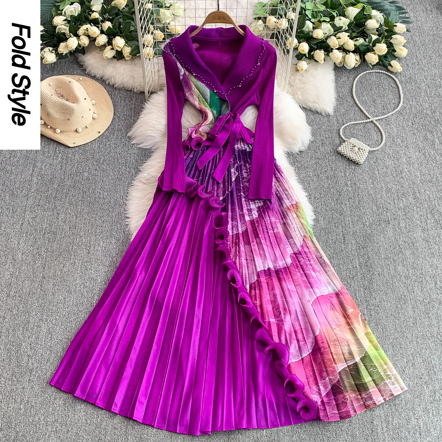 Miyake High-end leggero lusso industria pesante stampato abito con scollo a V vita da donna bordo volant elegante abito lungo a pieghe