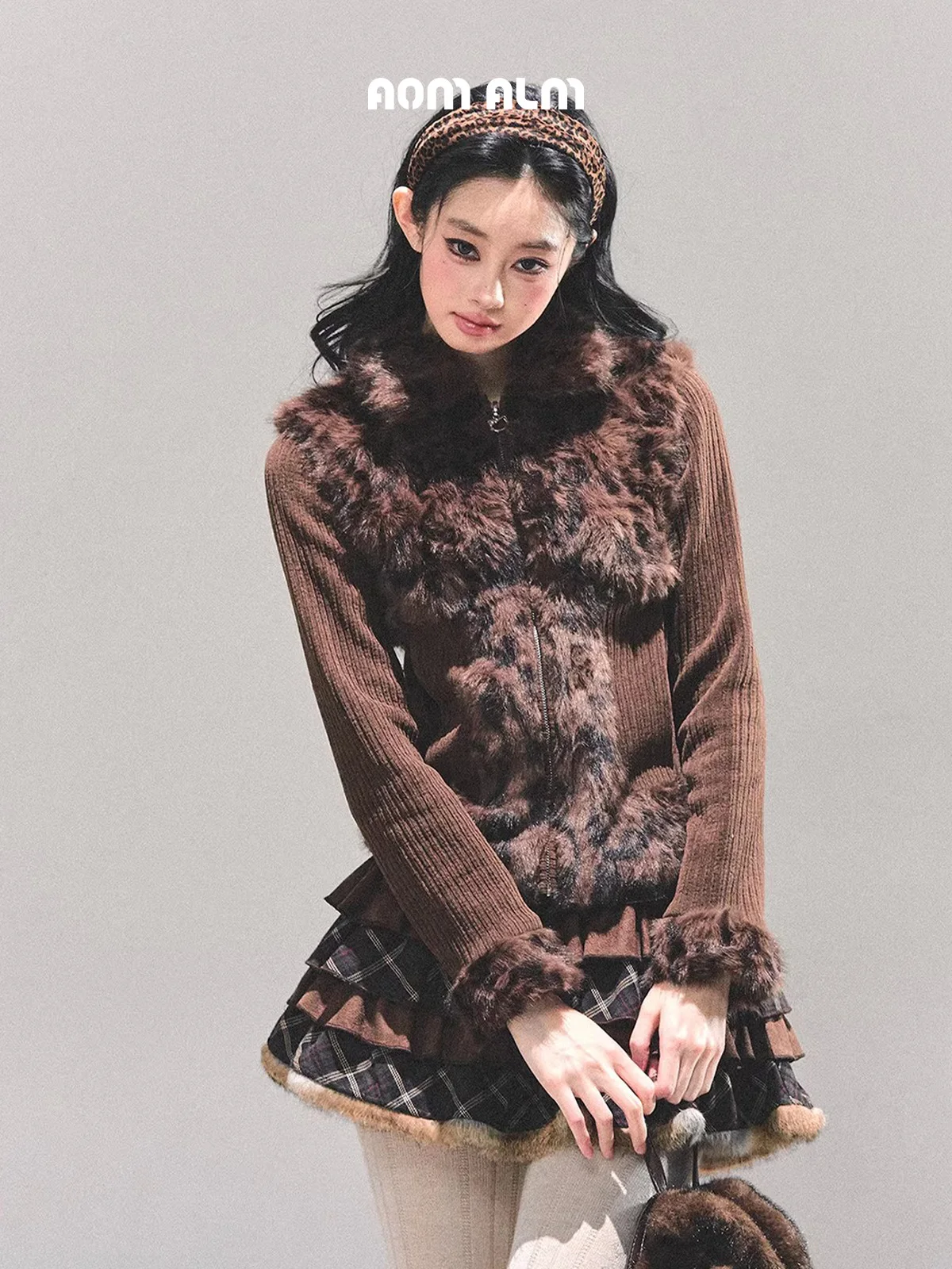 

AOMALM Women's Knitted Silver Velvet Jaet Winter Plu Top Leopard Print Vintage Sle Slim Fit ort Coat Zipper Closure