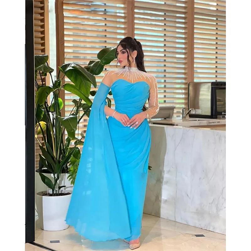 

Classy Blue Prom Dress Beaded Long Sleeves Sheath Evening Party Gown Ankle Length Arabic Dubai Womens Cocktail Party Dress