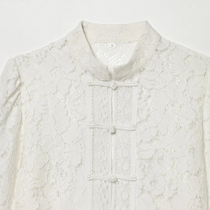Women's Shirt 2025 New Fashion Long Sleeve Waist-Cinching Lace Crochet Stand Collar Shirt Shirt for Women Vintage Chic Women Top
