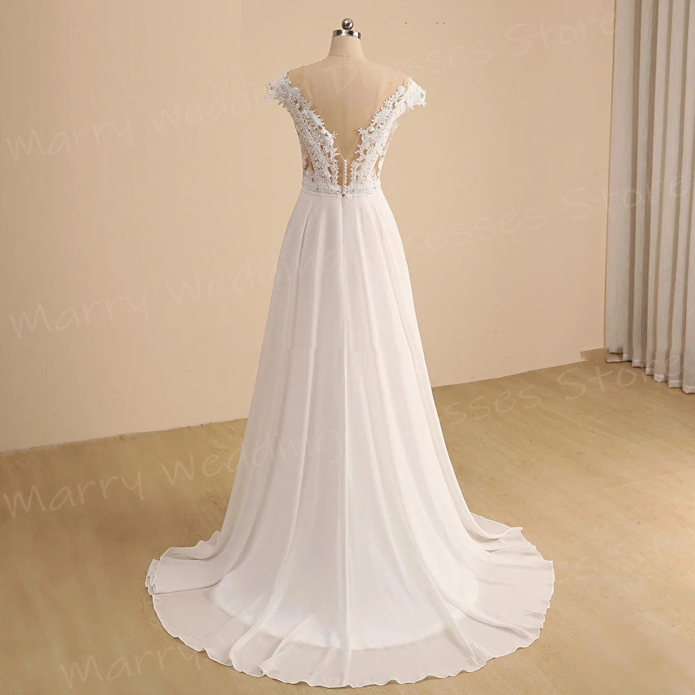 Vestido de novia de corte en A para mujer, hermoso vestido de novia con Apliques de encaje modernos, manga casquillo, Espalda descubierta, Abiti Da Sposa