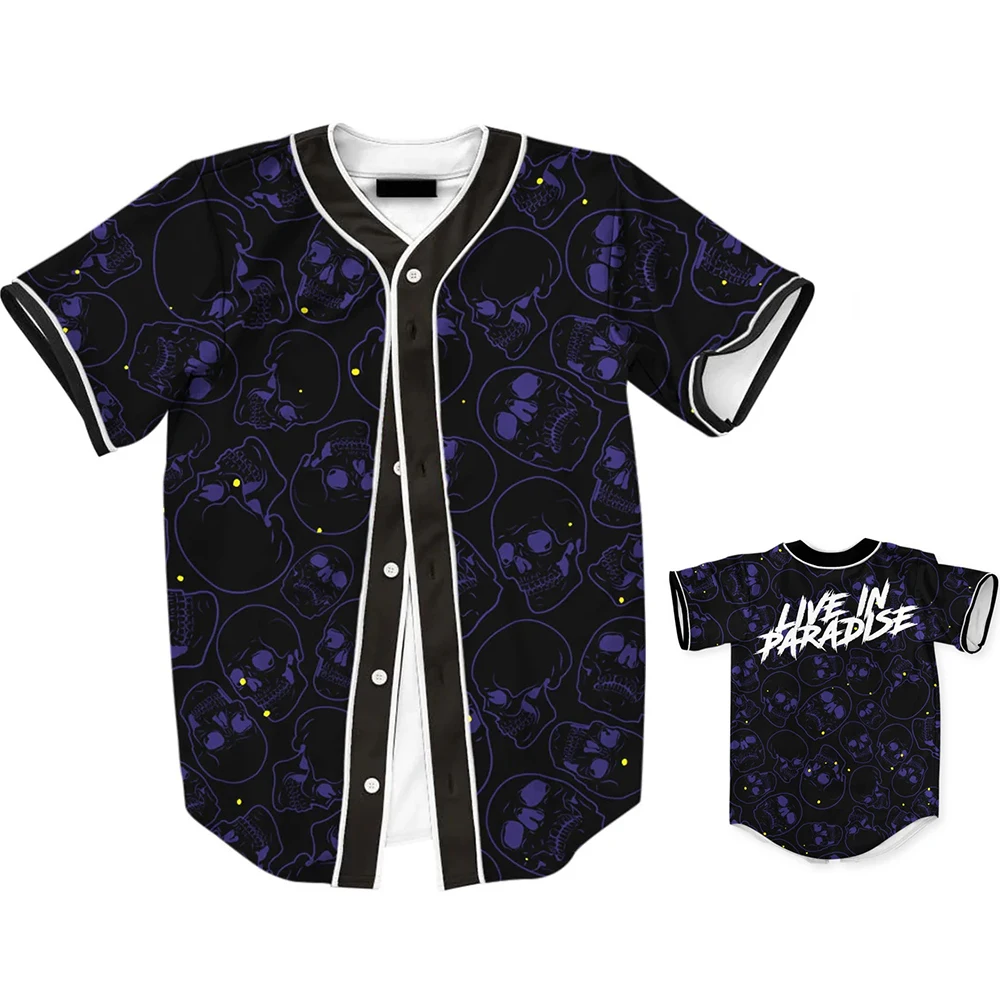 Character Skull Pattern Printed Single Breasted Baseball Shirt Harajuku Hip-Hop Street Style Short Sleeved Shirt MB27