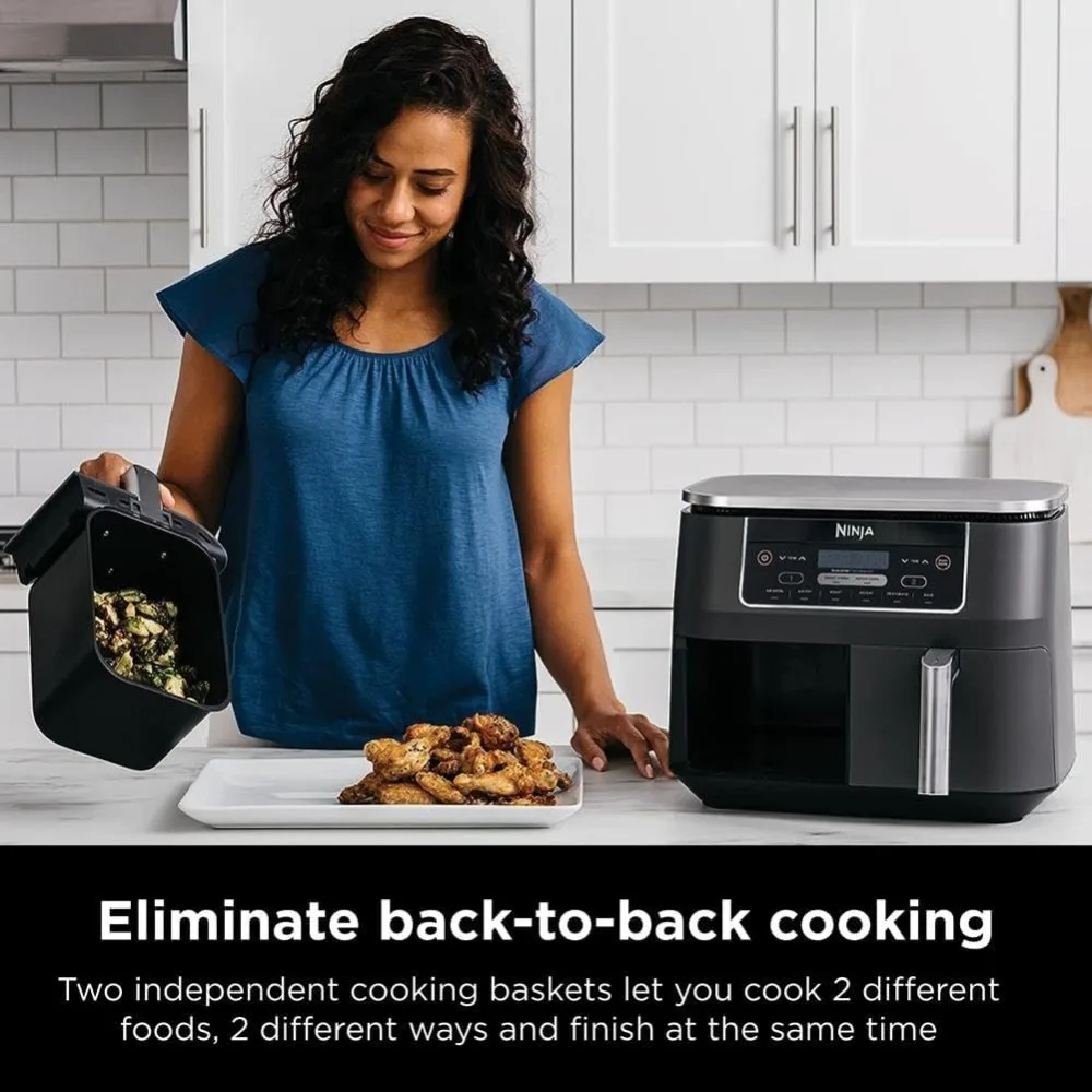 

Air Fryer，8 Quart 6-in-1 2 Independent Frying Baskets, Match Cook & Smart Finish to Roast, Dehydrate & More for Quick, Grey